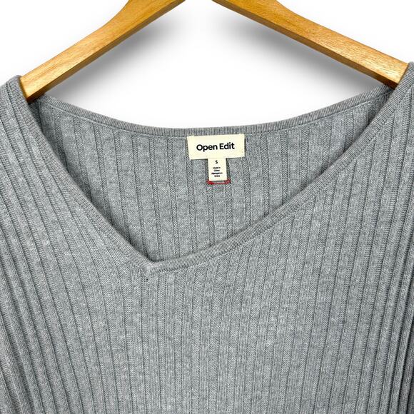 NEW Open Edit Ribbed Sweater Asymmetric Vneck Tunic Long Sleeve Gray Size Small - Picture 3 of 8